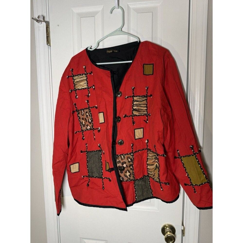 Vintage 90s Art Teacher Jacket Patchwork Red Mixed Fabrics Women’s 1X